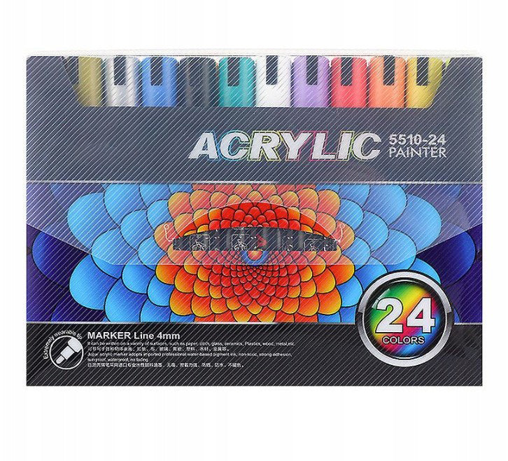 Set 24 de markere cu vopsea acrilica, Zola, varf 4 mm, rezistente la apa, pentru pictura pe hartie, panza, piatra, sticla, lemn, textile si ceramica, uscare rapida, multicolore Set 24 de markere cu vopsea acrilica, Zola, varf 4 mm, rezistente la apa, pentru pictura pe hartie, panza, piatra, sticla, lemn, textile si ceramica, uscare rapida, multicolore